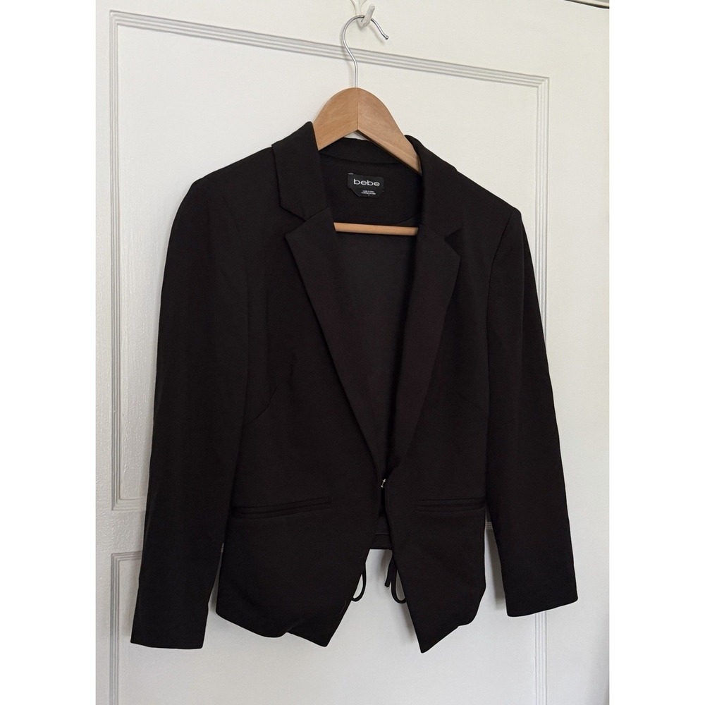Bebe Black Corset Lace Up Tie Office Siren Minimalist Cropped Blazer Sz 6 Small